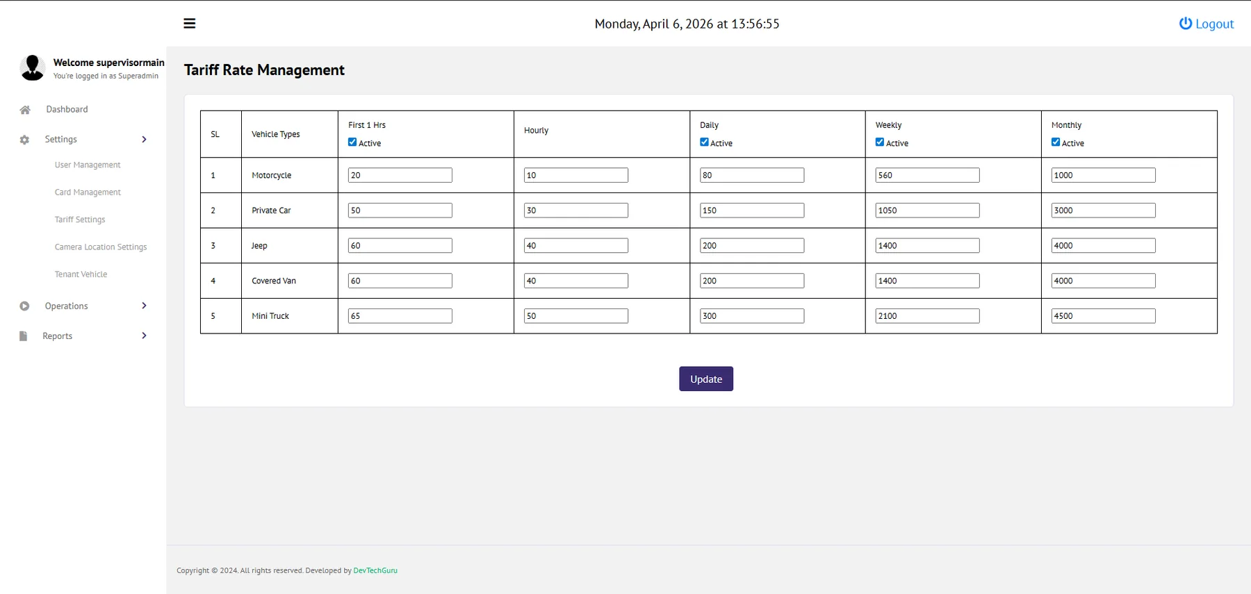 Tariff configuration. Rates are per vehicle class and per duration band, editable by operations without a deploy. The pricing model changed twice after launch.
