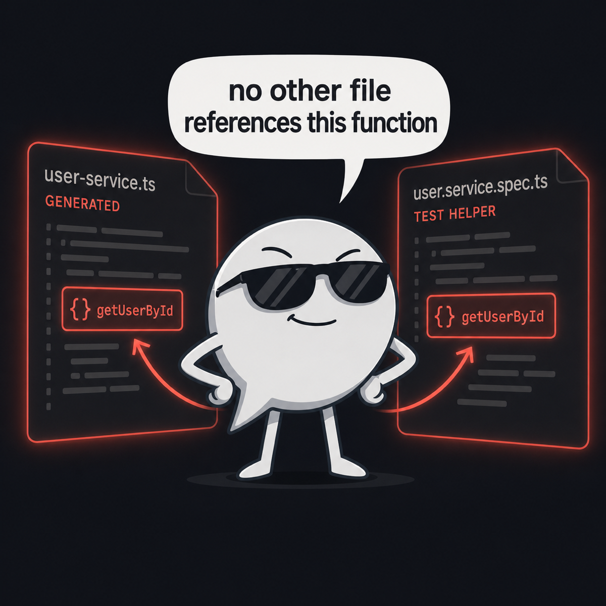 Confident chat bubble character claiming "no other file references this function" while generated file and test helper glow red behind it