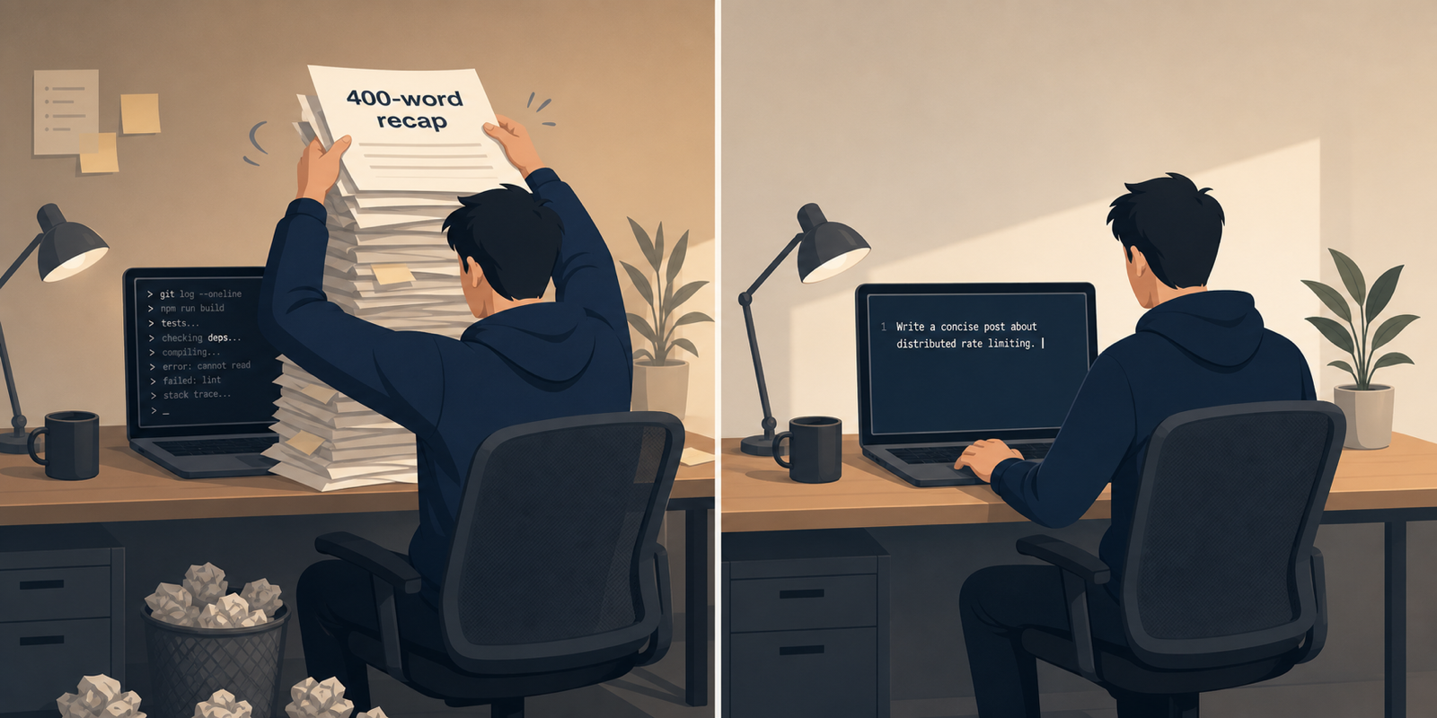 Split frame: developer burying terminal under 400-word recap papers on the left, clean prompt on the right