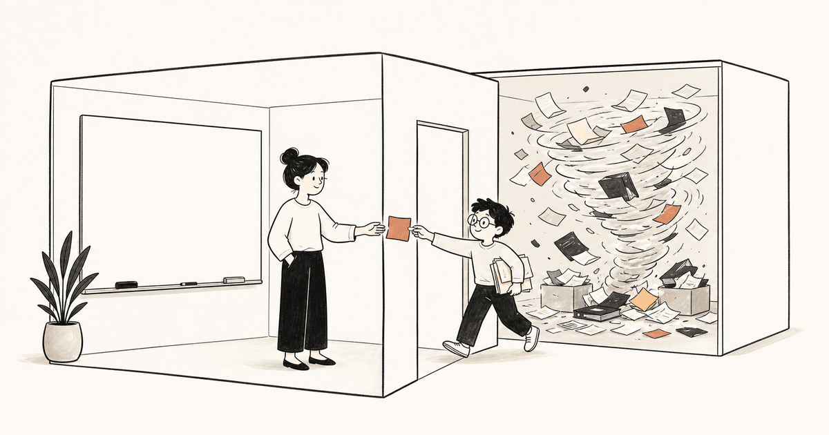 A calm assistant stands at a clean whiteboard in a tidy front room. Through a doorway, a helper in a back room is surrounded by a tornado of papers and folders, handing a single sticky note back through the door.