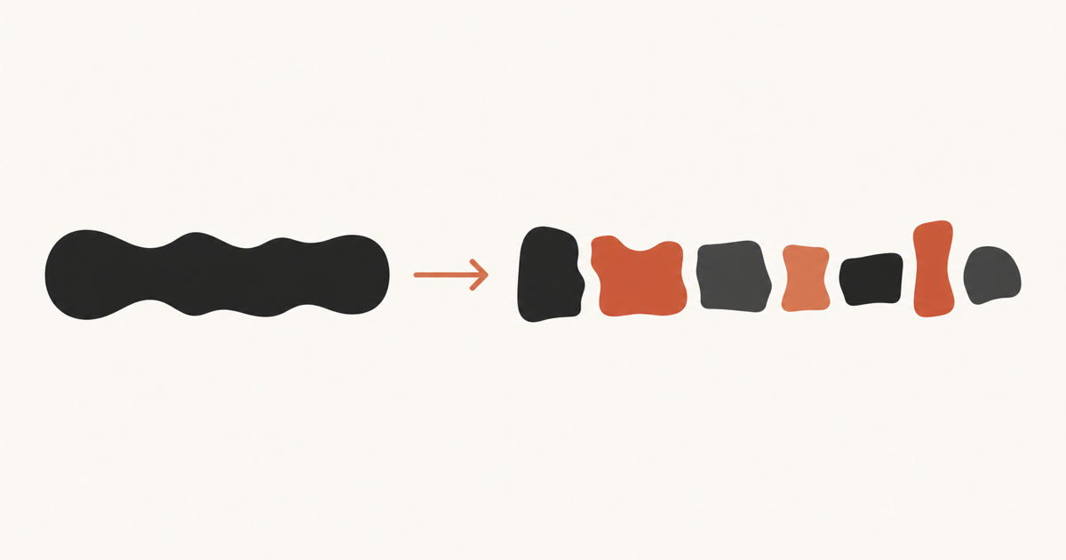 A long word breaking apart into several uneven token block pieces, flat illustration with terracotta accent arrow