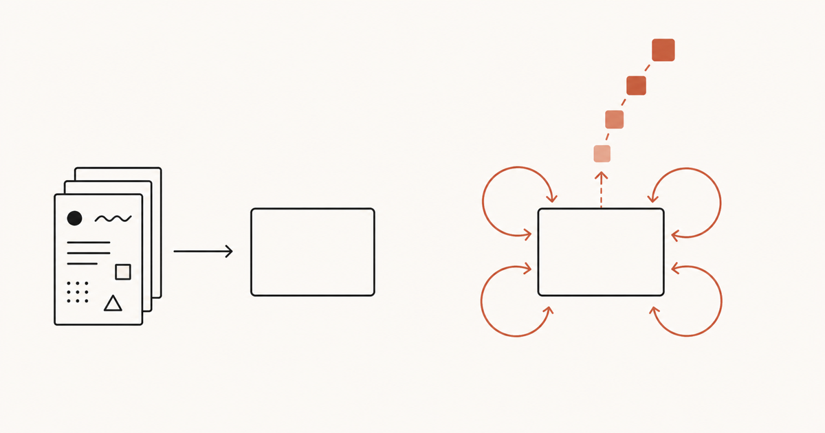 Input token passing through model box once versus output token looping through the same box several times before emerging, flat illustration with terracotta highlight