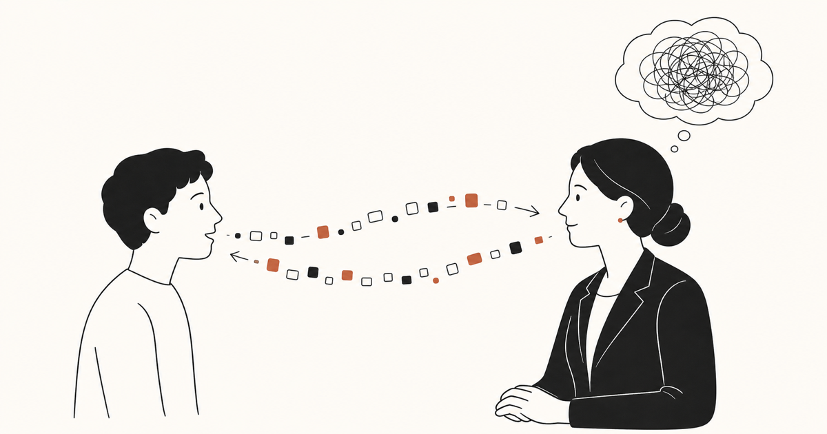 Two flat figures facing each other with a stream of small token blocks flowing between them, a faint tangled thought-cloud over the listener representing held context, warm minimal illustration
